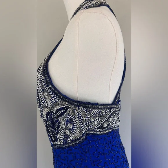 VTG LAURENCE KAZAR 90s 100% Silk Beaded Halter Gown Prom Formal Maxi Dress Sz S - Picture 9 of 16